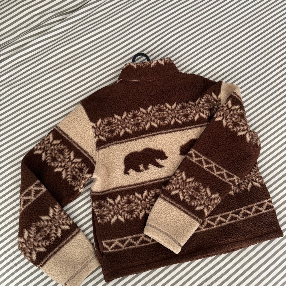 Old Navy Brown and Cream Bear Pattern Zip-Up Sweater